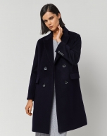 Long navy blue wool double-breasted coat