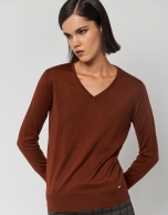 Orange fine-knit V-neck sweater