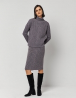 Gray knit cable-stitched sweater and turtleneck