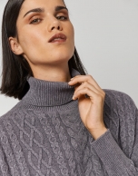 Gray knit cable-stitched sweater and turtleneck