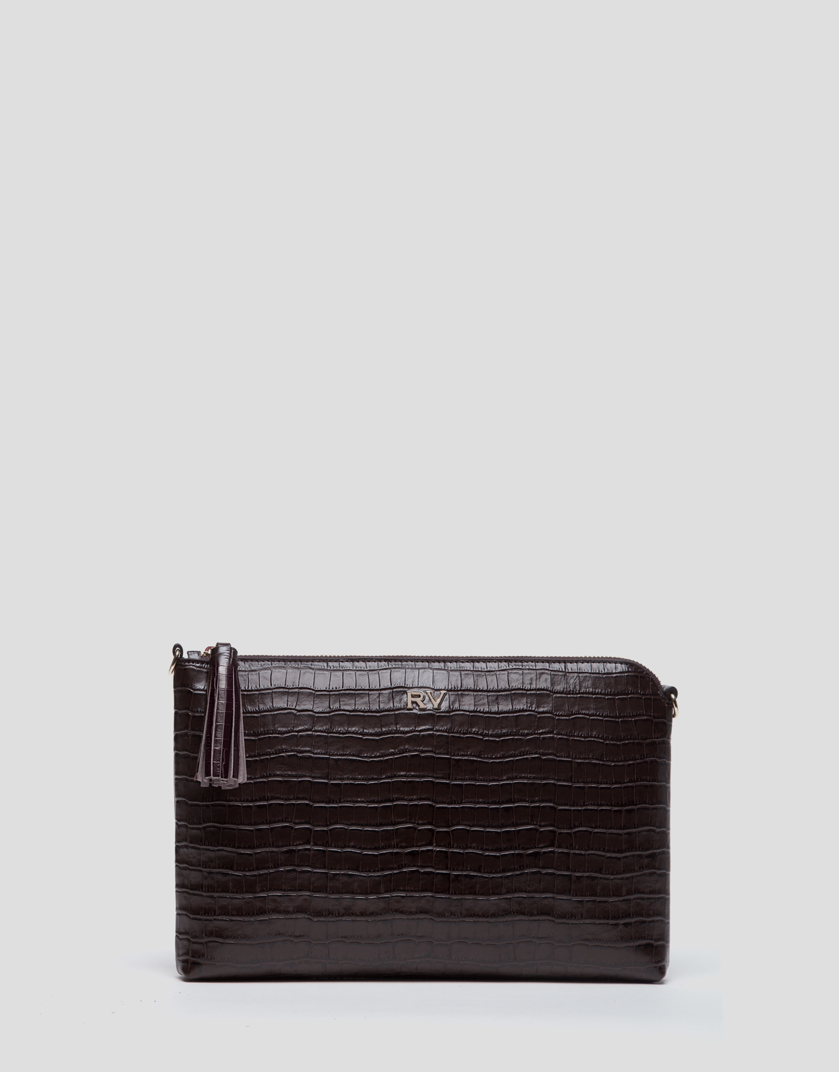 Brown alligator embossed leather Lisa clutch bag