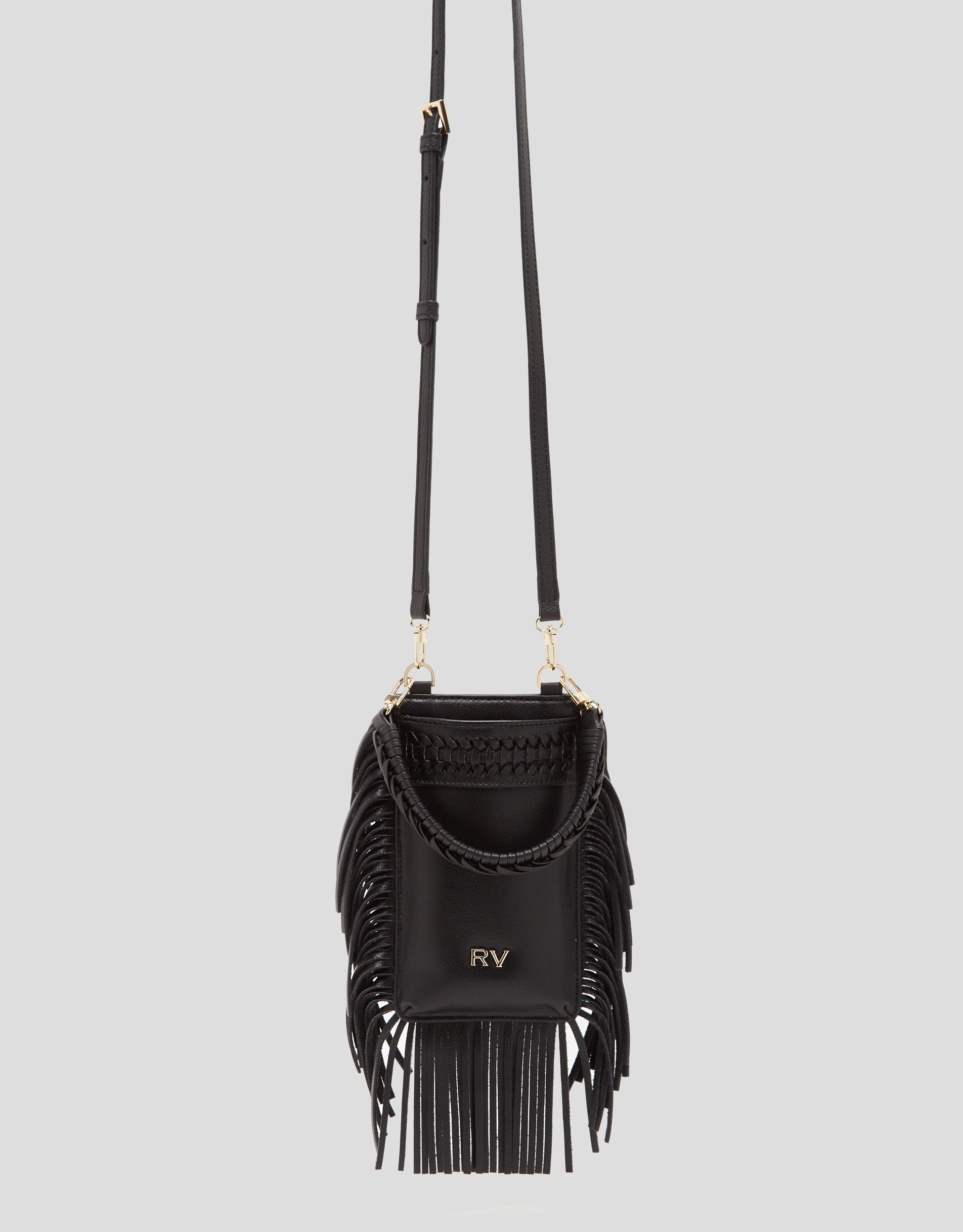 Black leather cellphone case with braiding and fringe 