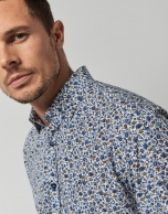 Blue and tan floral print sport shirt