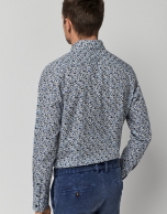 Blue and tan floral print sport shirt