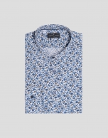 Blue and tan floral print sport shirt