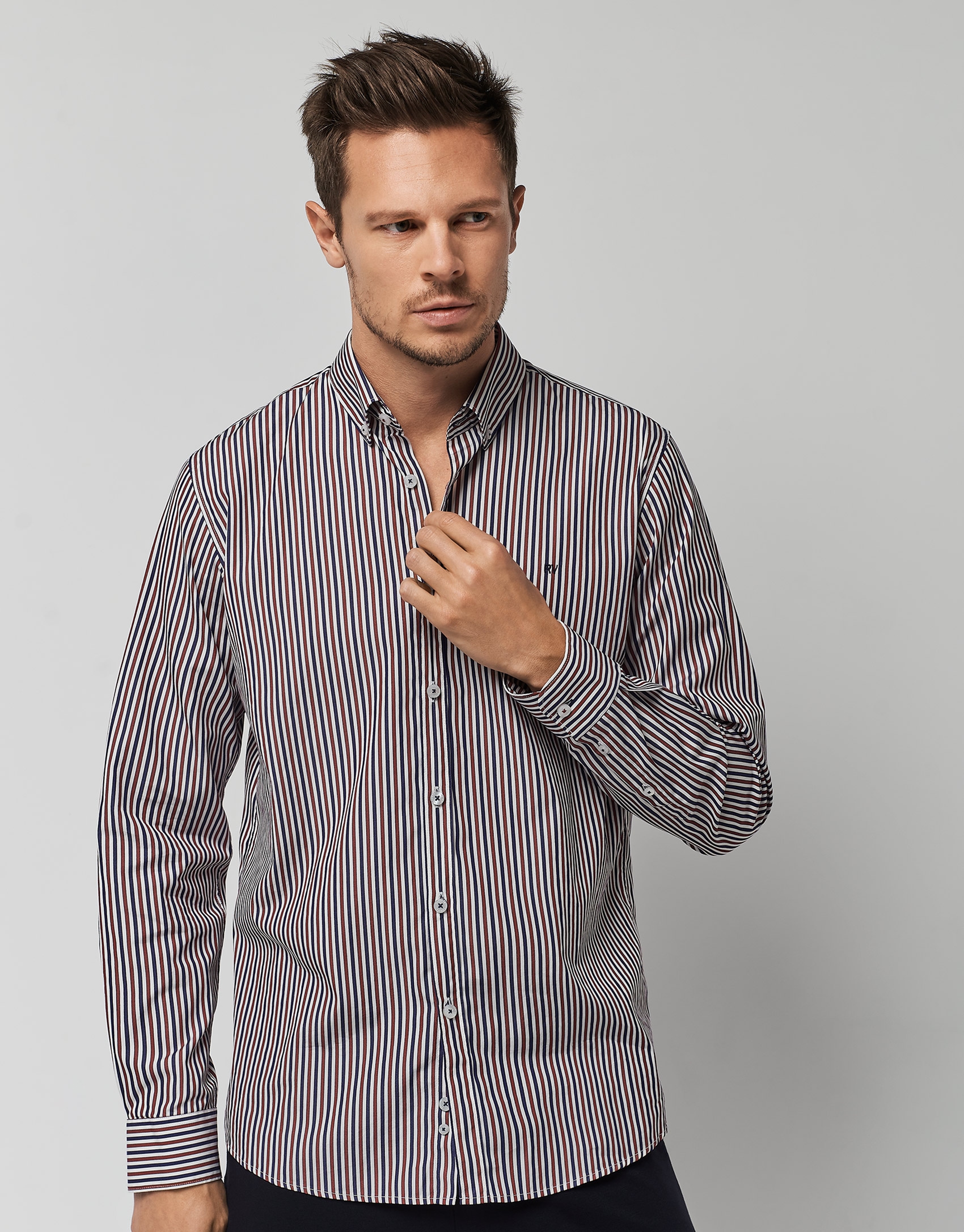 Navy blue and dark red striped sport shirt