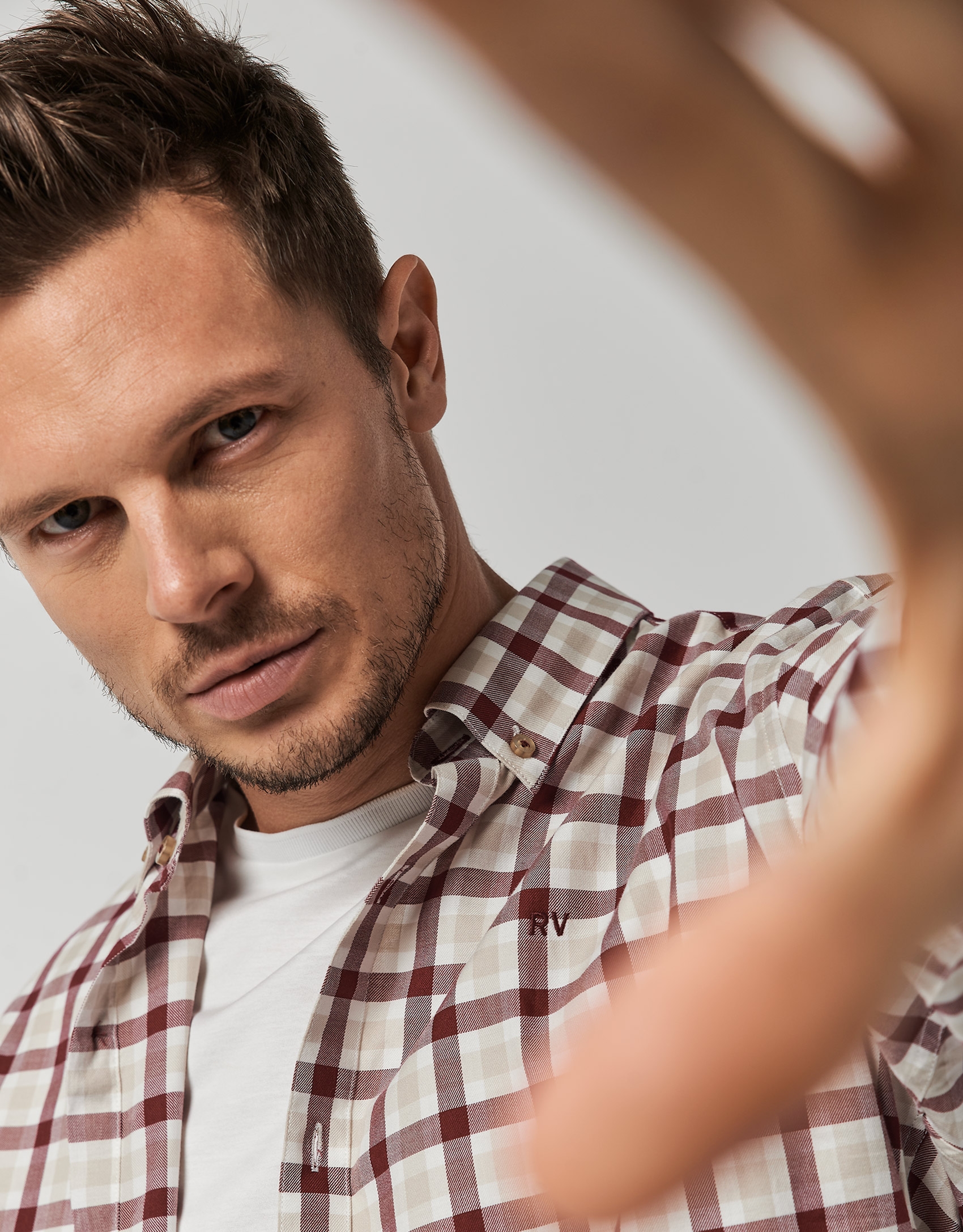 Burgundy and beige checked sport shirt