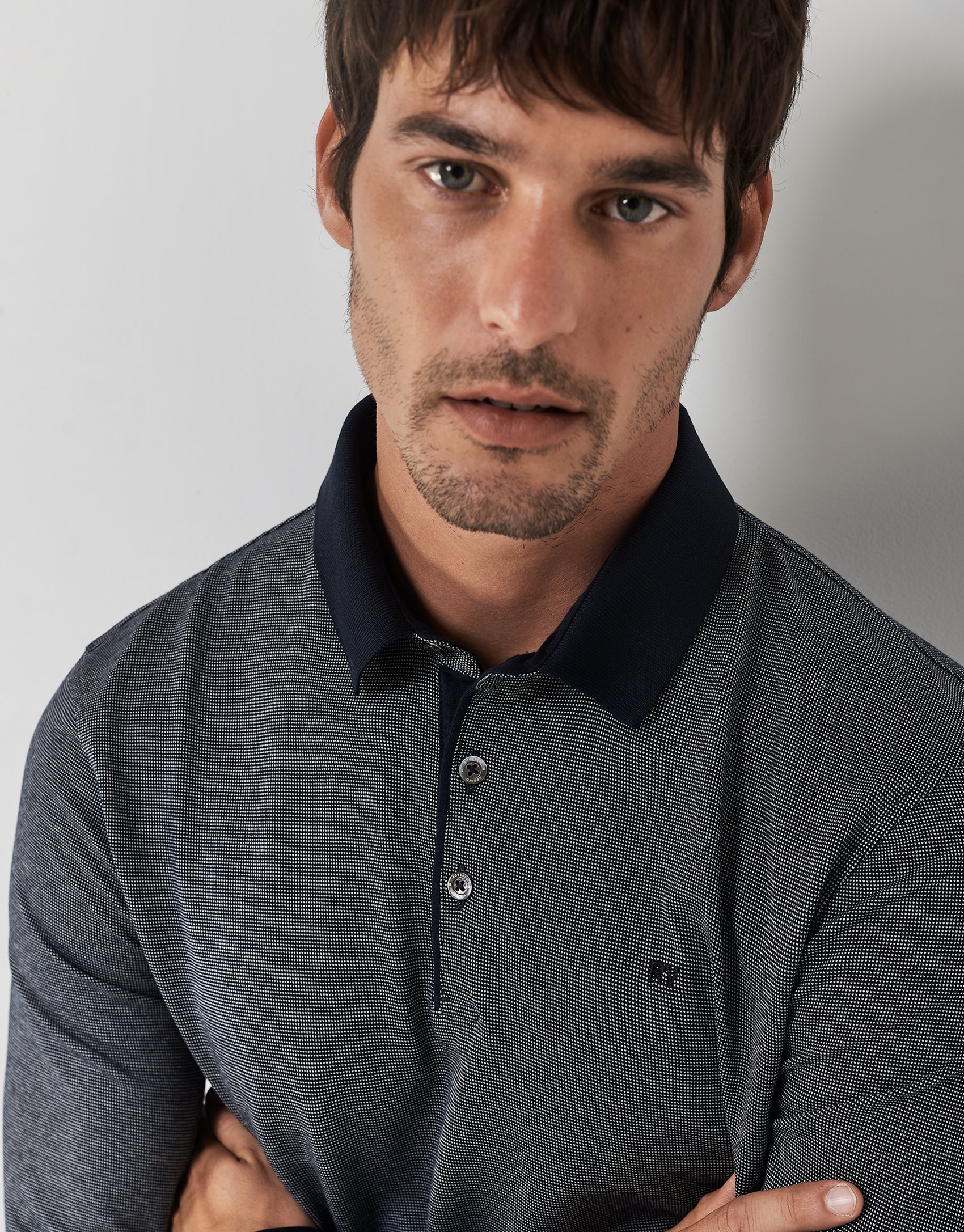 Navy blue and white mercerized jacquard polo shirt