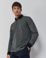 Navy blue and white mercerized jacquard polo shirt