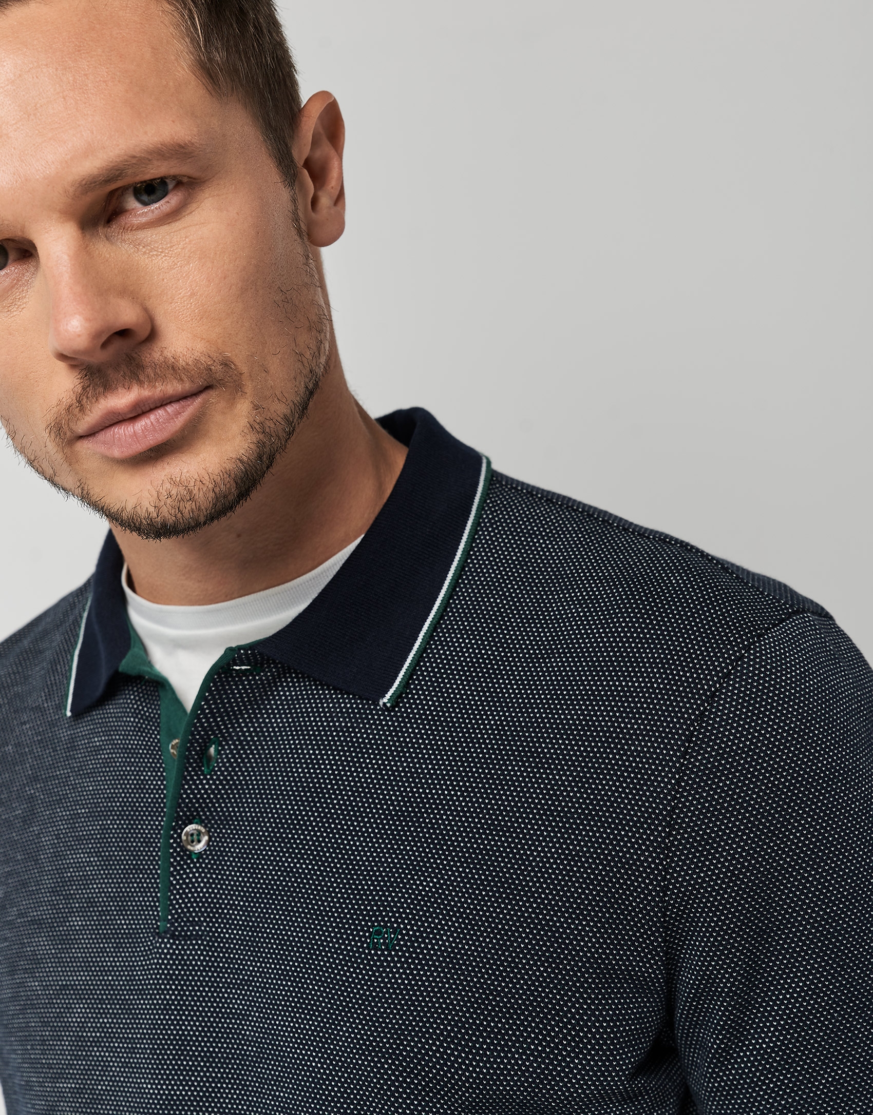 Navy blue, green and white mercerized jacquard polo shirt