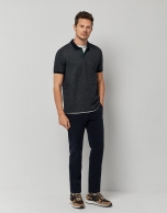 Navy blue, green and white mercerized jacquard polo shirt