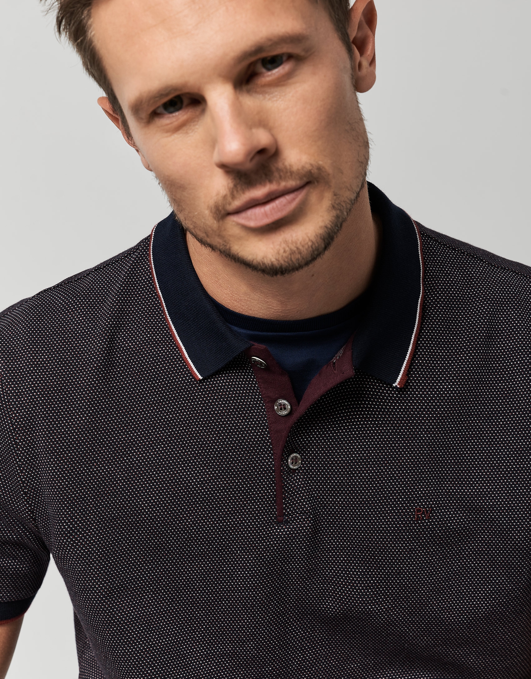 Navy blue, red and white mercerized jacquard polo shirt