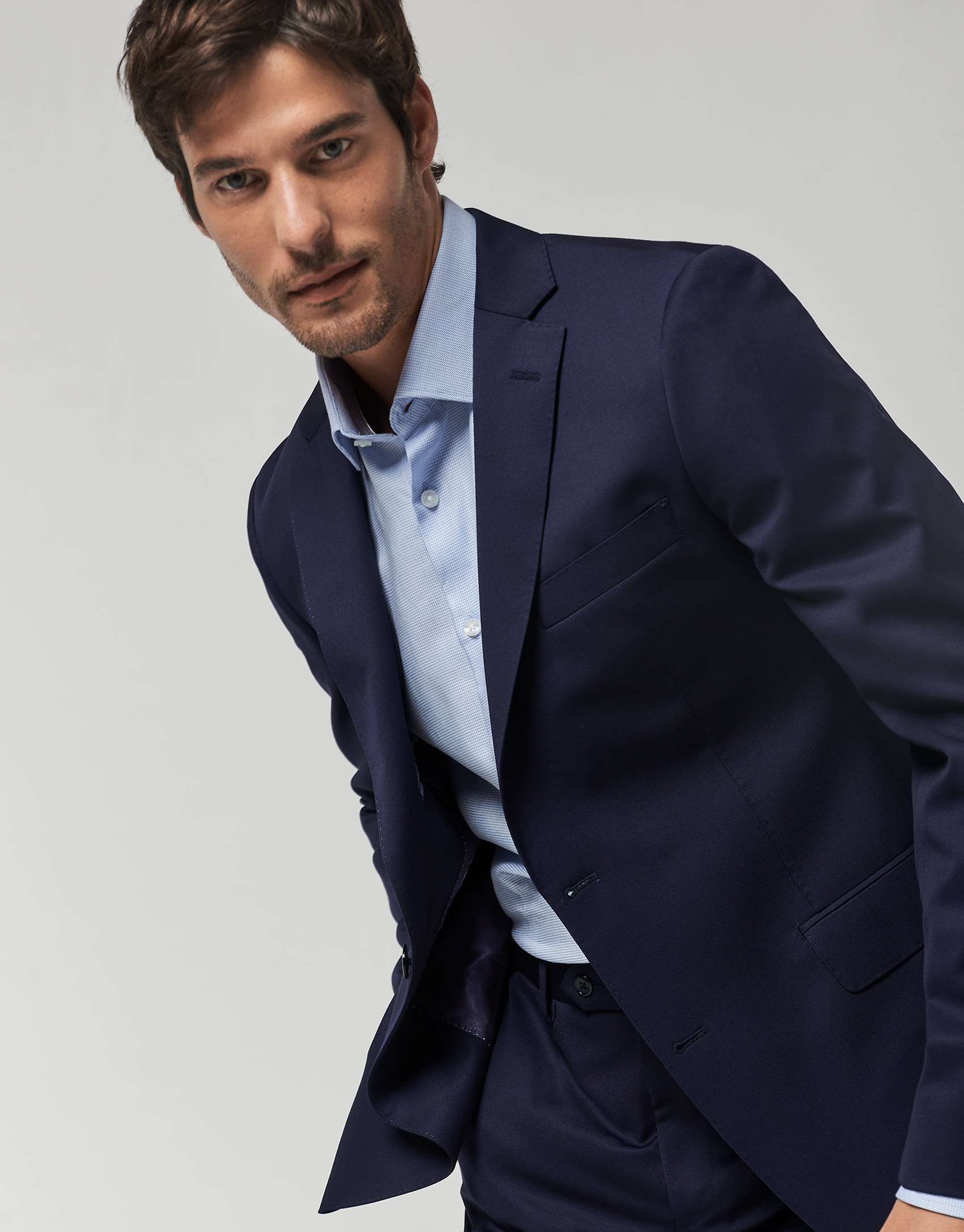 Navy blue wool twill half-canvas slim suit | Roberto Verino