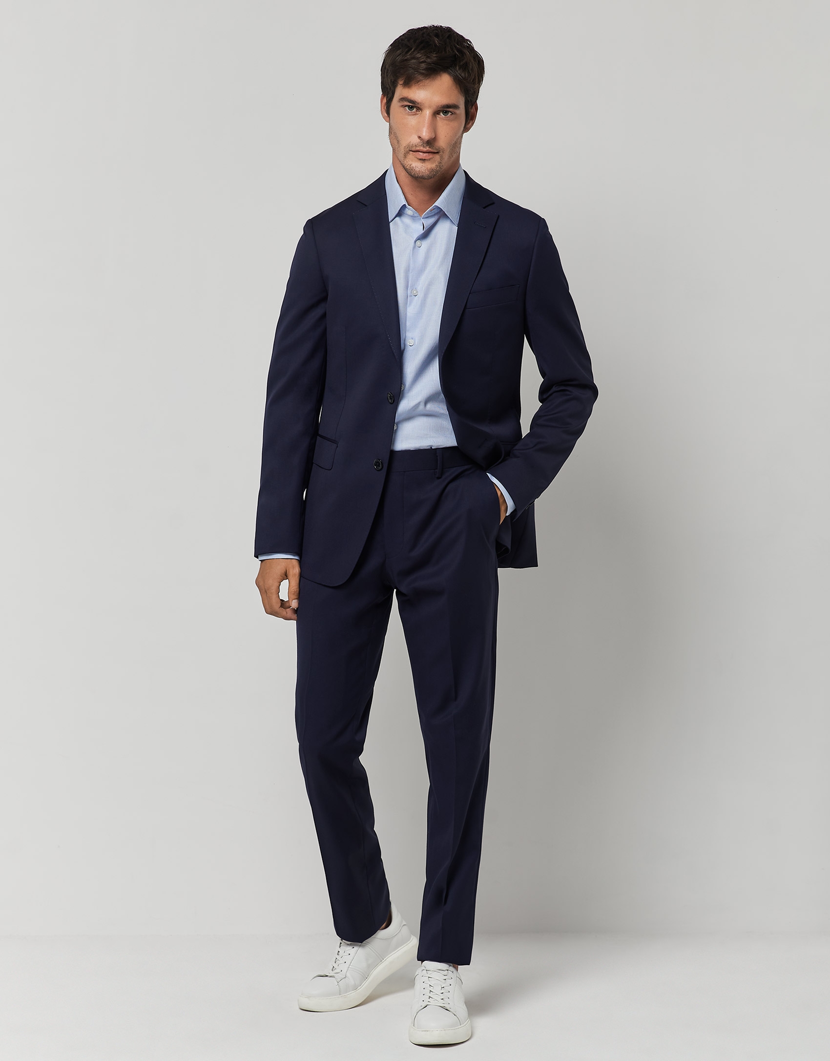 Navy blue wool twill half-canvas slim suit | Roberto Verino