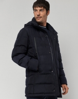 Navy blue quilted tech fabric parka