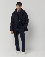 Navy blue quilted tech fabric parka