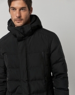 Black quilted tech fabric parka