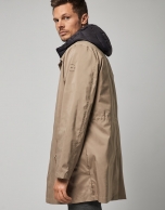 Beige tech fabric raincoat with grey quilted vest