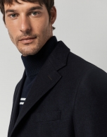 Navy blue wool coat with lapel collar