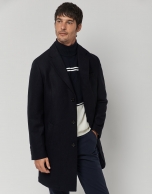 Navy blue wool coat with lapel collar