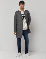 Melange grey wool coat with lapel collar