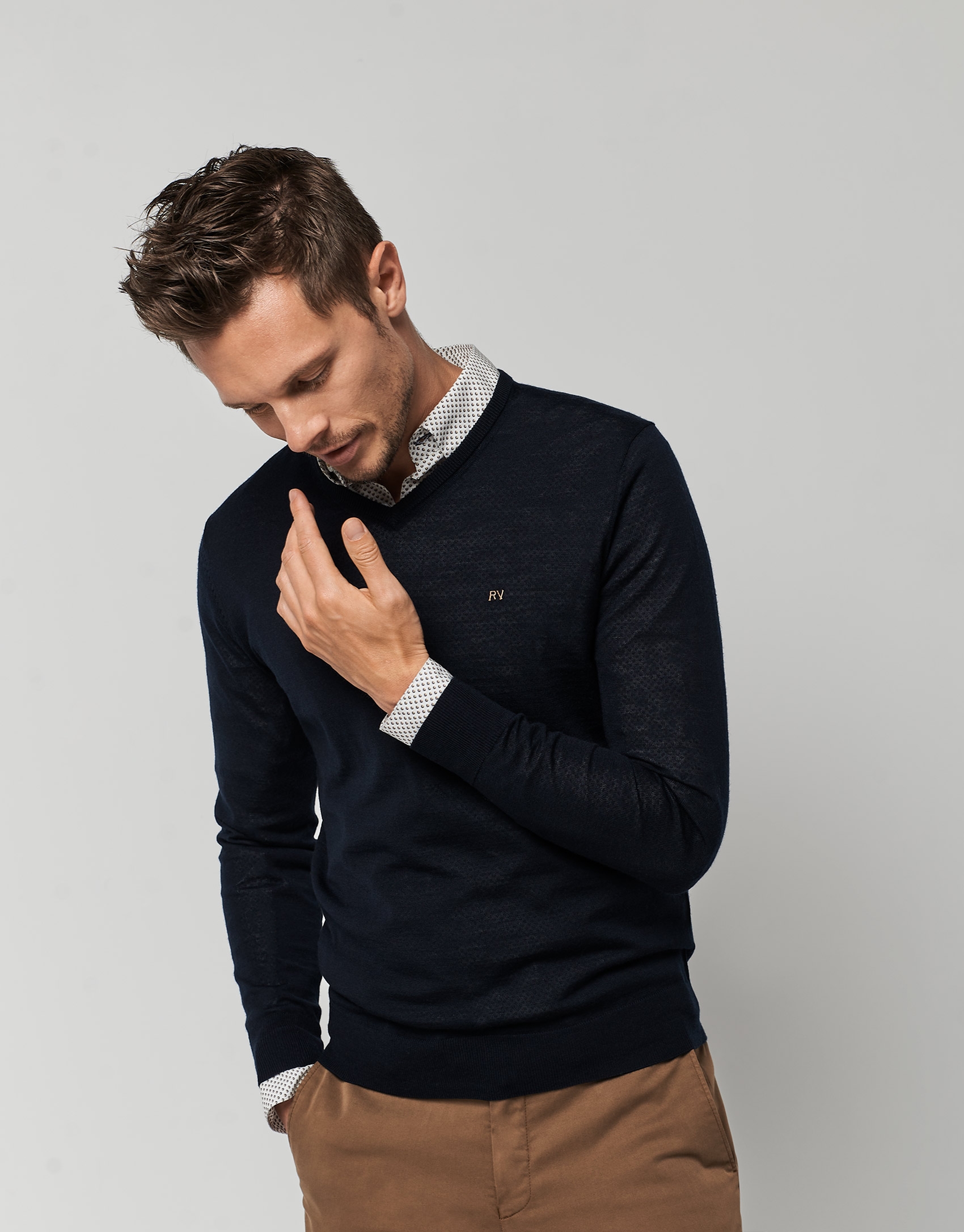 Navy blue wool sweater with V-neck 