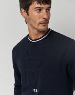 Navy blue felt sweatshirt with embossed RV logo on the chest