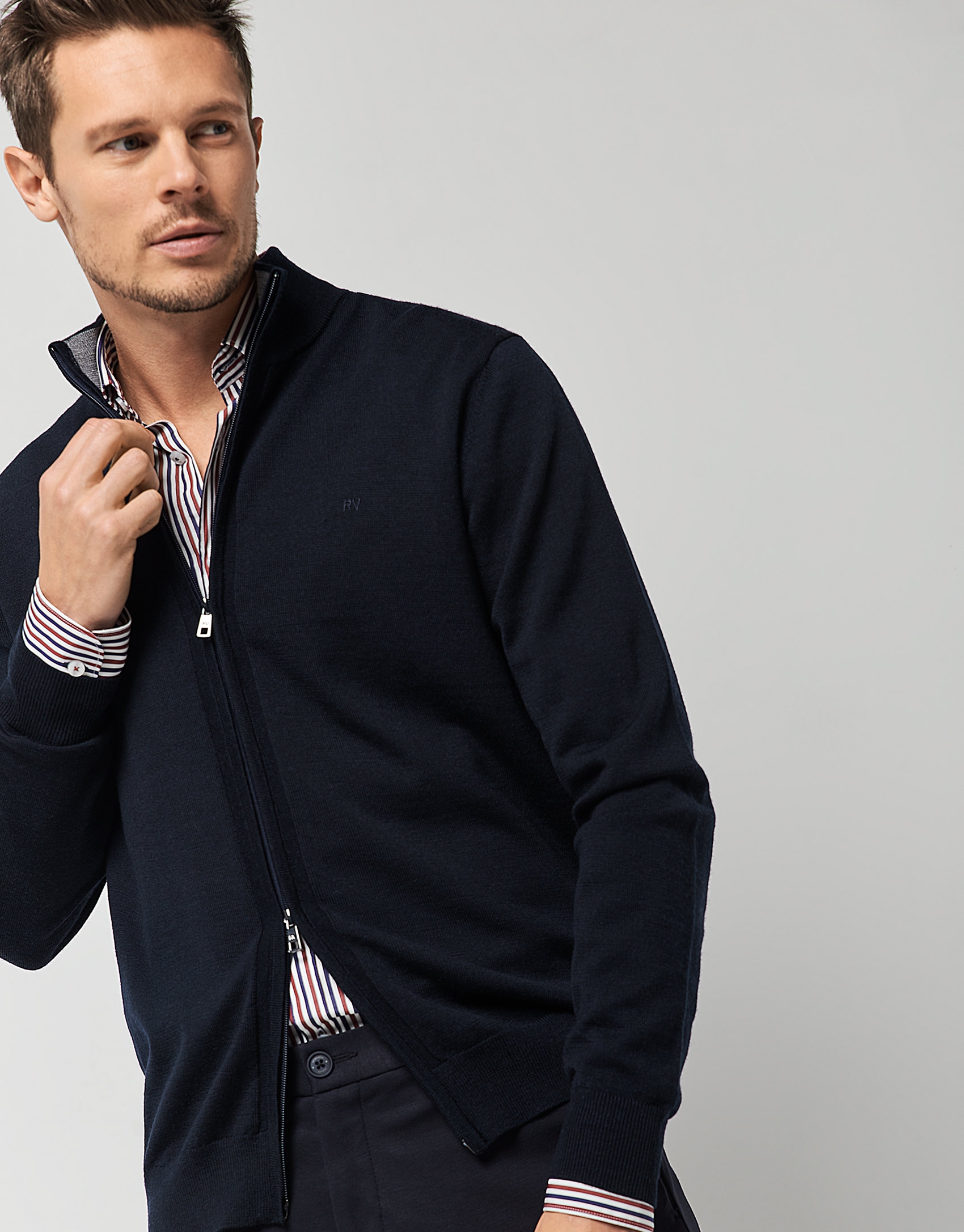 Navy blue zippered wool cuadrillé jacket