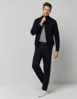 Navy blue zippered wool cuadrillé jacket