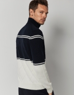 Navy blue and beige wool sweater with raised collar