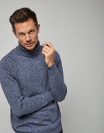 Two-tone blue wool sweater with high collar