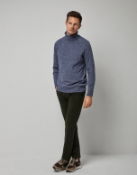 Two-tone blue wool sweater with high collar