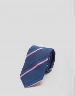 Navy blue silk tie with pink striped jacquard