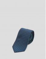 Blue silk tie with green floral print jacquard