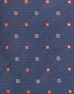 Blue silk tie with orange and beige geometric print jacquard 