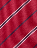 Red silk tie with navy blue and white stripes