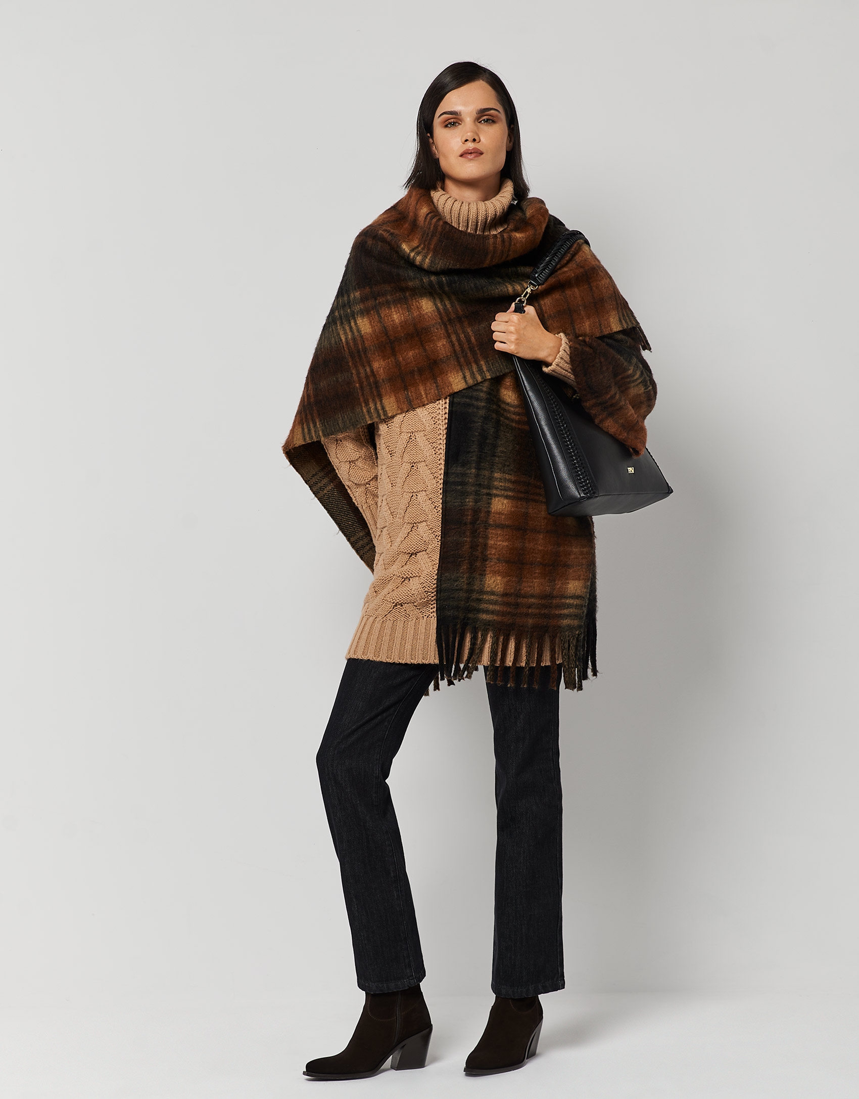 Brown checked poncho with fringe