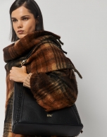 Brown checked poncho with fringe