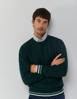 Green cable-knit wool sweater with stripes on the cuffs