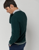 Green cable-knit wool sweater with stripes on the cuffs