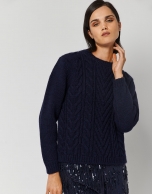 Thick cable knit and herringbone navy blue sweater