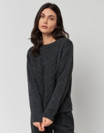 Thick cable knit and herringbone dark grey sweater