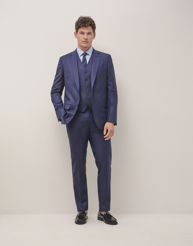 Navy blue plain wool poplin slim fit half canvas suit