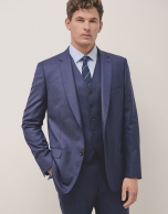 Navy blue plain wool poplin slim fit half canvas suit