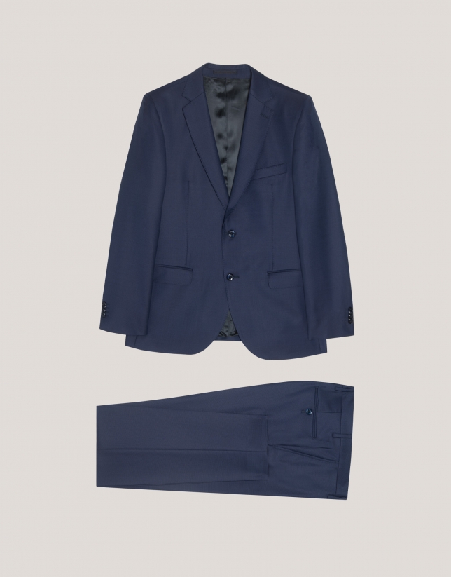 Navy blue plain wool poplin slim fit half canvas suit