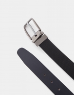 Reversible black and navy blue textured leather belt 