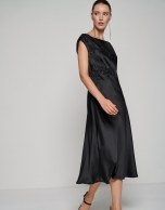 Black satin midi dress with embroidered stars