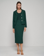 Dark green crepe straight midi skirt