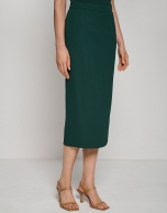 Dark green crepe straight midi skirt