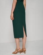 Dark green crepe straight midi skirt